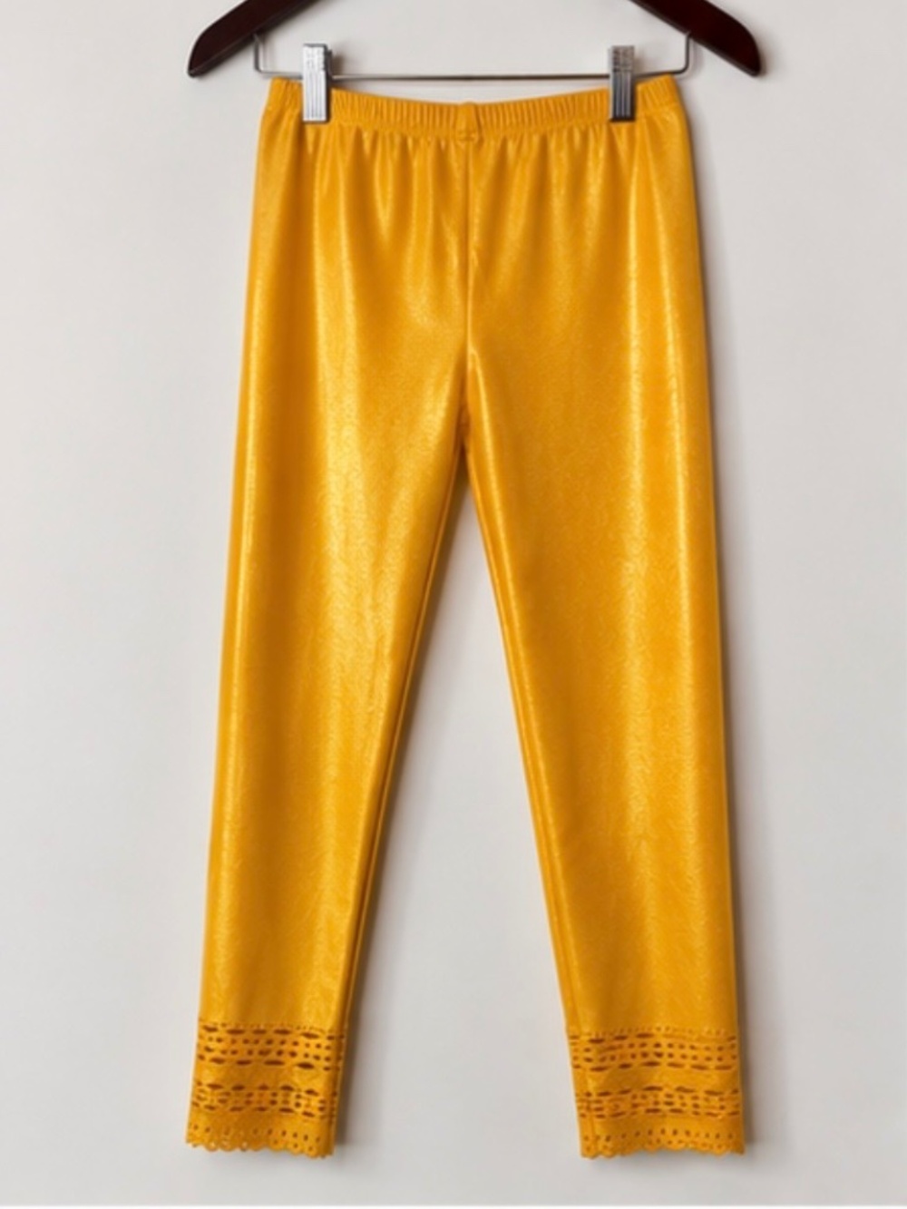 Women’s Mustard Gold Shiny Ankle Leggings Eyelet Cutout Hem Stretch Pants